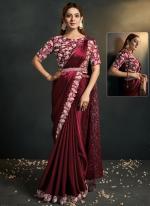 Crepe Silk Maroon Party Wear Embroidery Work Readymade Saree